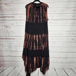 Snapdragon & Twig Asymmetrical Sleeveless Black and Orange Tie-Dye Dress